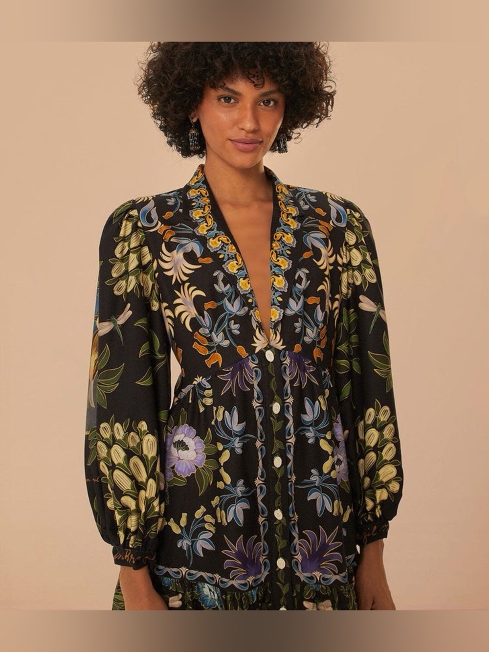 Farm Rio Black Winter Garden Long Sleeve Mini Dress XL